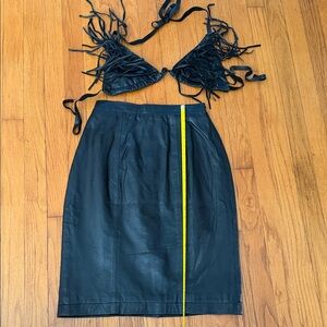 Vintage Elegant Black Leather Skirt Lee Magram Collection size 4 and Tassle Top